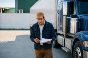 Man reviewing paperwork on a clipboard beside a blue semi-truck.