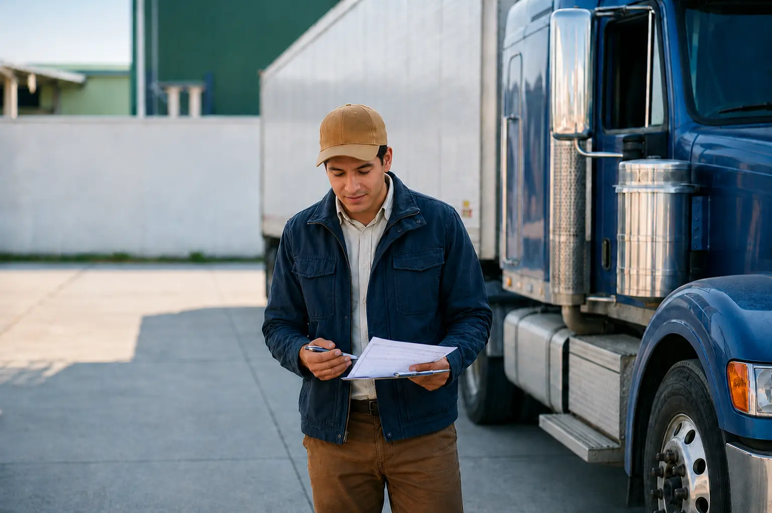 Man reviewing paperwork on a clipboard beside a blue semi-truck.